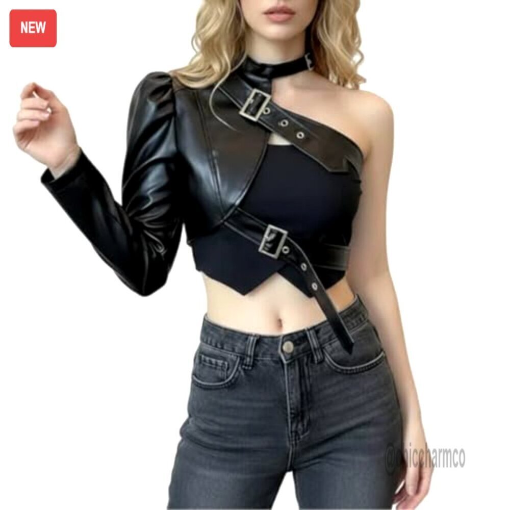 One Shoulder Motorcycle Leather Jacket Halter Buckle Chic Nightout Party Tops - Picture 4 of 6